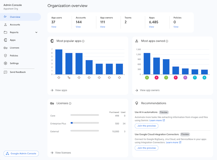 Overview page in the AppSheet Admin Console