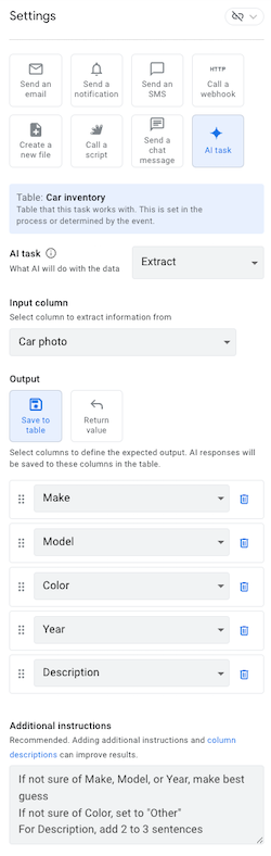 Settings pane for Extract AI task