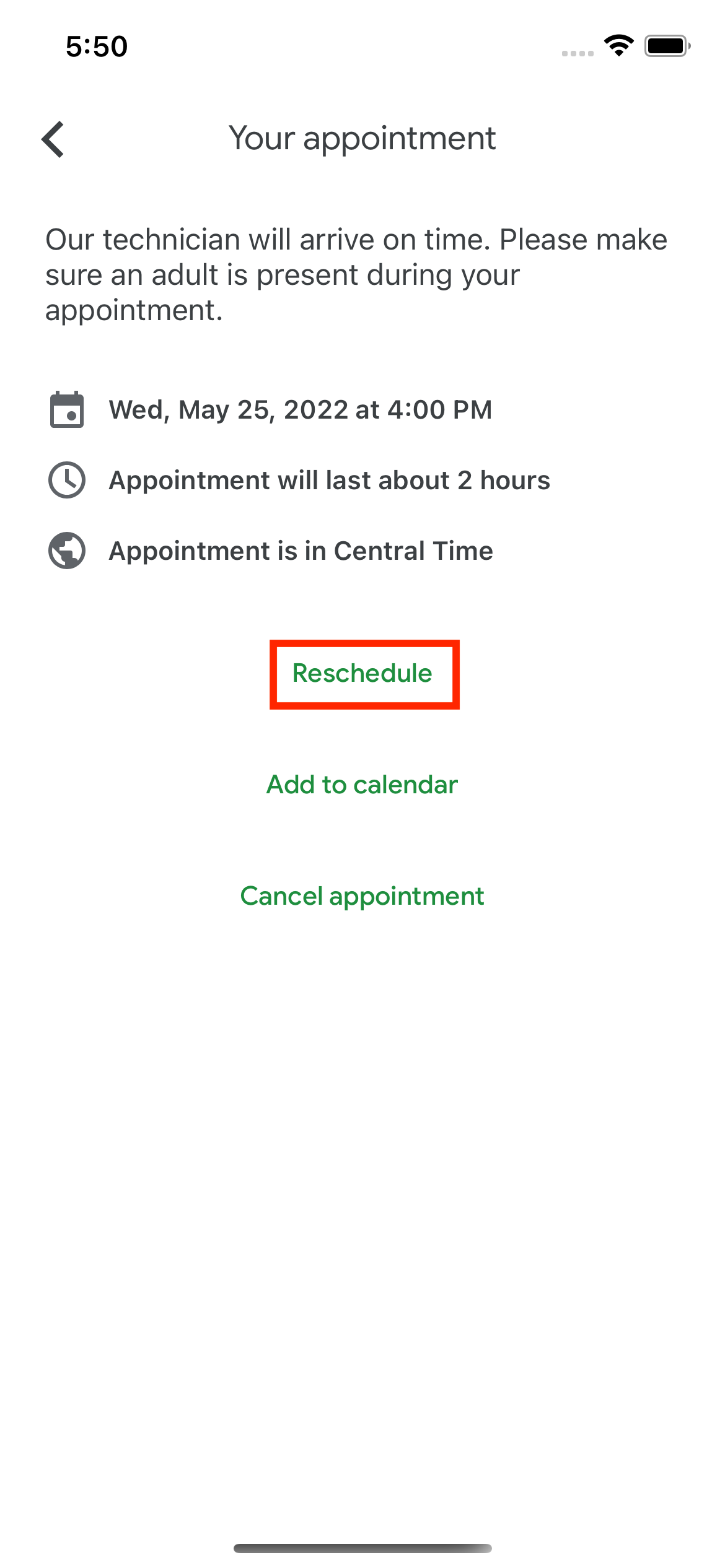 The Google Fiber app "your appointment" screen. There are three links at the bottom: "Reschedule" (circled in red), "Add to calendar," and "Cancel appointment".