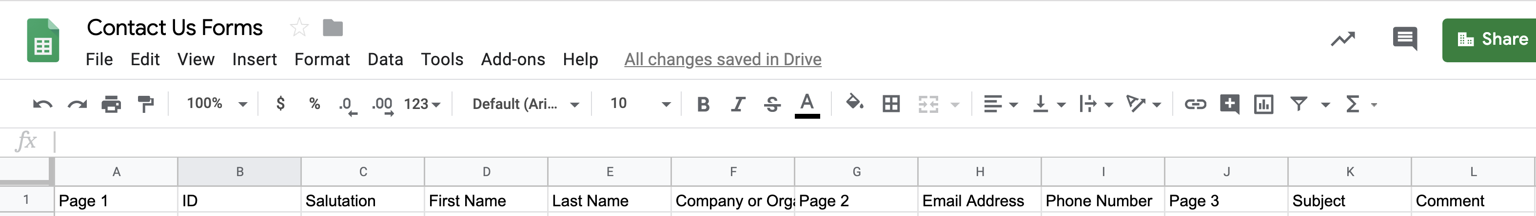 Contact Us Forms sheet showing Page 1, Page 2, and Page 3 columns