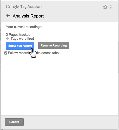 Knappen Show Full Report i Google Tag Assistant