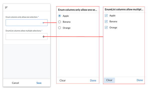 Enum versus EnumList app showing two drop-downs from a simple list of values, single- and multi-select.