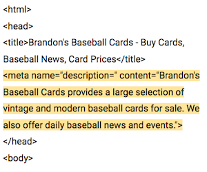 HTML snippet showing the <meta> description tag