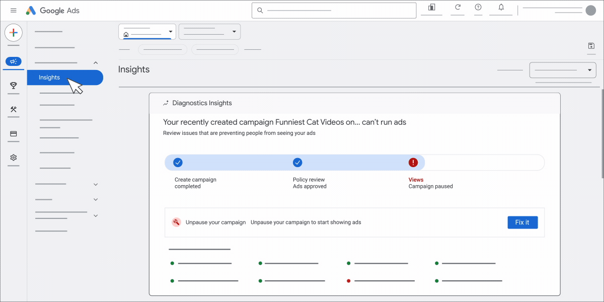 The "Insights" section in Google Ads, which has the following cards: "Diagnostic insights", "Budget pacing insights", "Overall performance across campaigns", "Search terms insights", and "Audience insights".