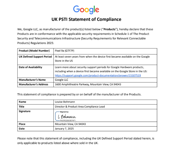 UK PSTI statement of compliance