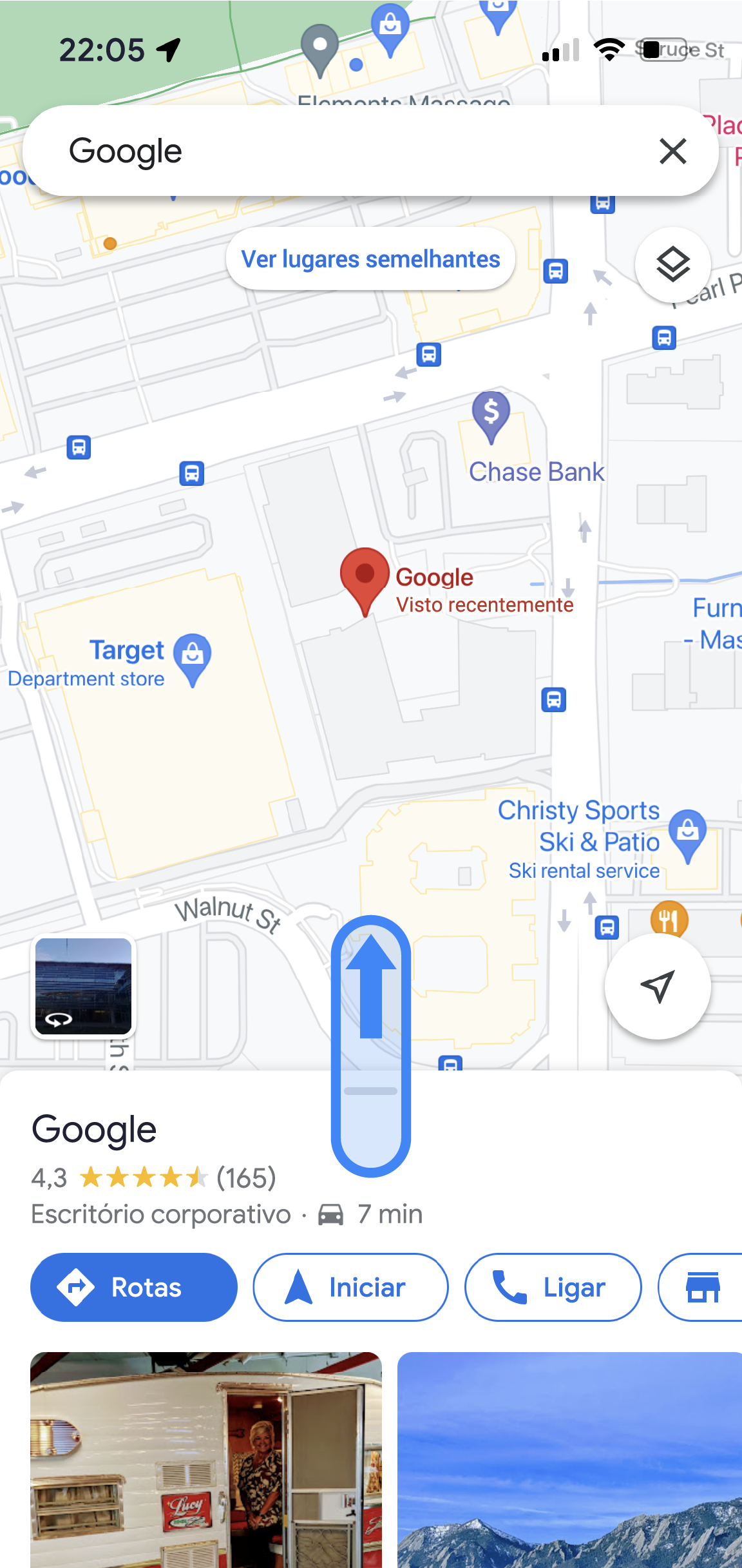 No app Google Maps, o local de um escritório do Google é exibido. Na parte inferior do app, o nome do local e as notas médias são exibidos com botões para encontrar rotas, iniciar o trajeto, ligar e muito mais.