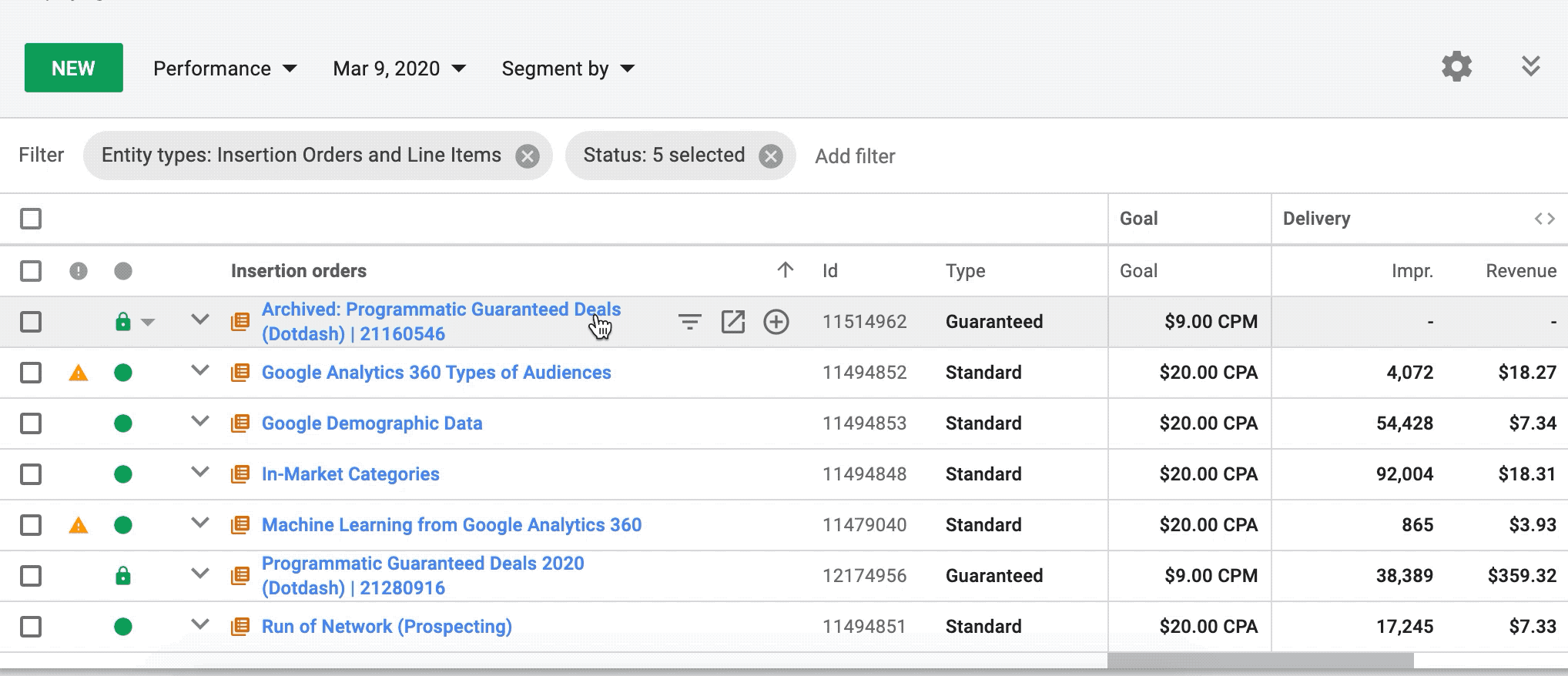 Insertion order quick actions