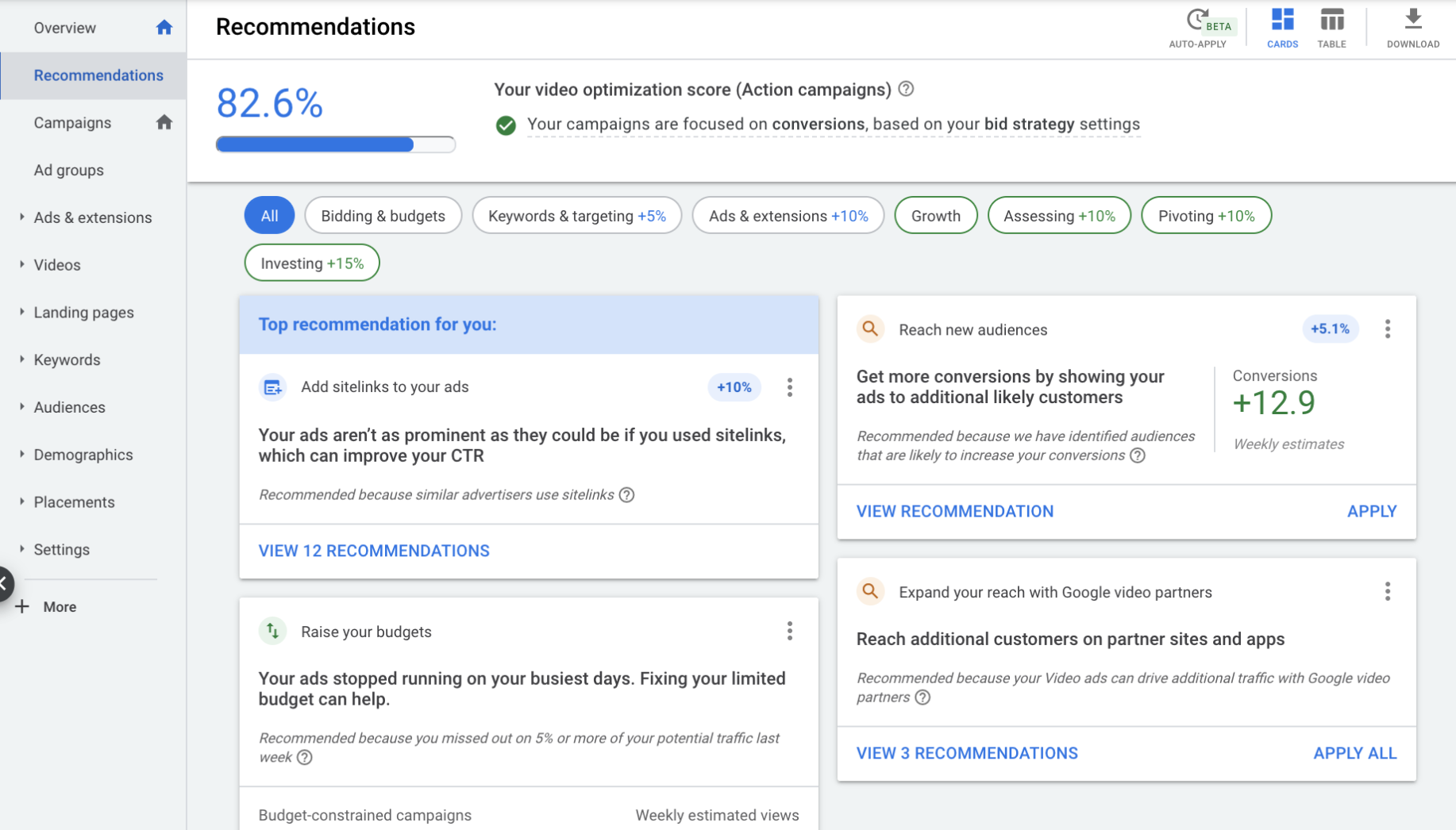 将优化得分的适用范围扩展至行动号召视频广告系列 Google Ads帮助