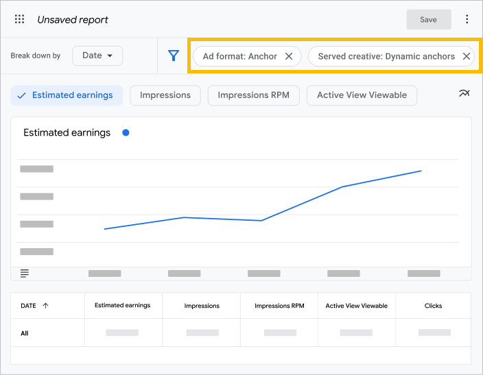 Example of an AdSense report with filters for Anchor ad format and Collapsible served creative