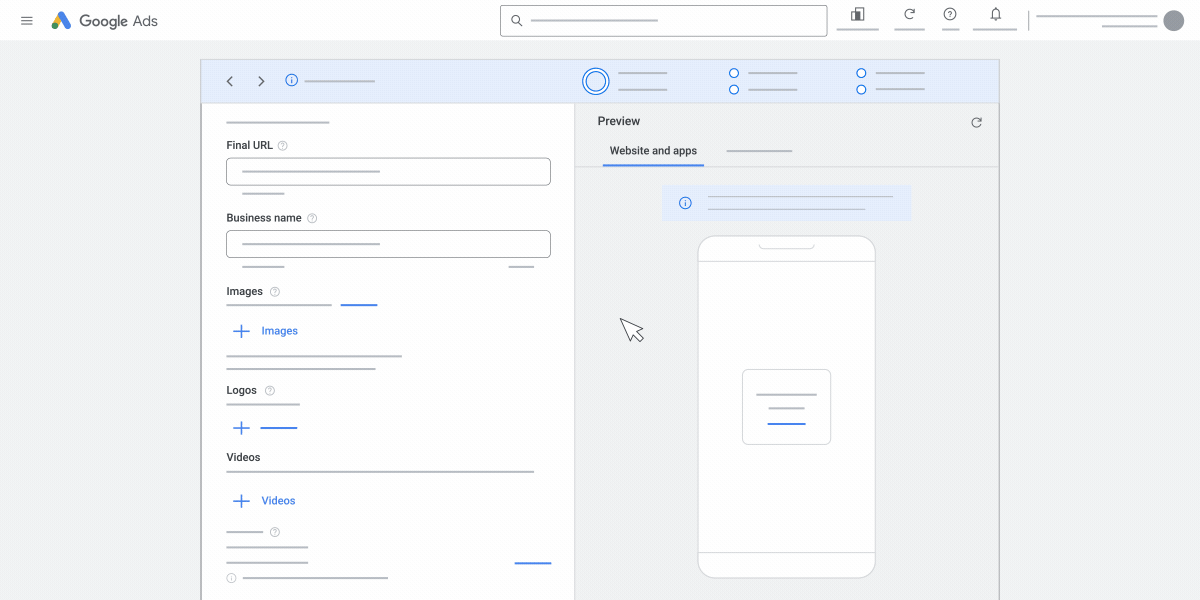 This animation shows the third set of instructions on how to create a responsive display ad on Google Ads. 