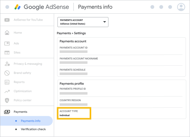Example of the "Account type" field in AdSense