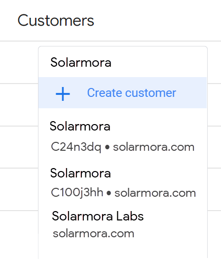 Shows customer names and Cloud Identity IDs