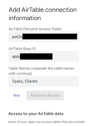 Add Airtable connection information dialog