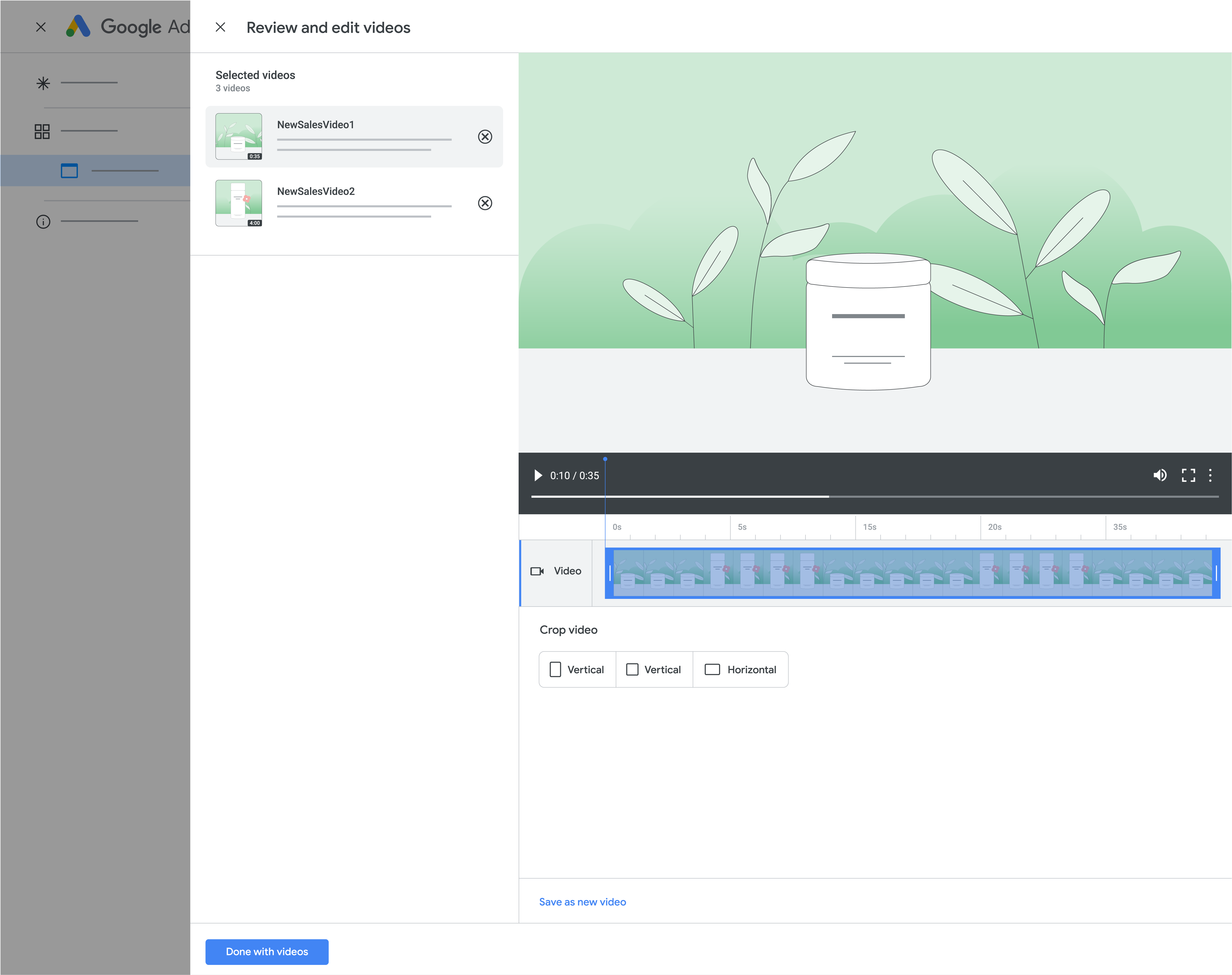 A UI screenshot of Demand Gen's video crop and trim tool.
