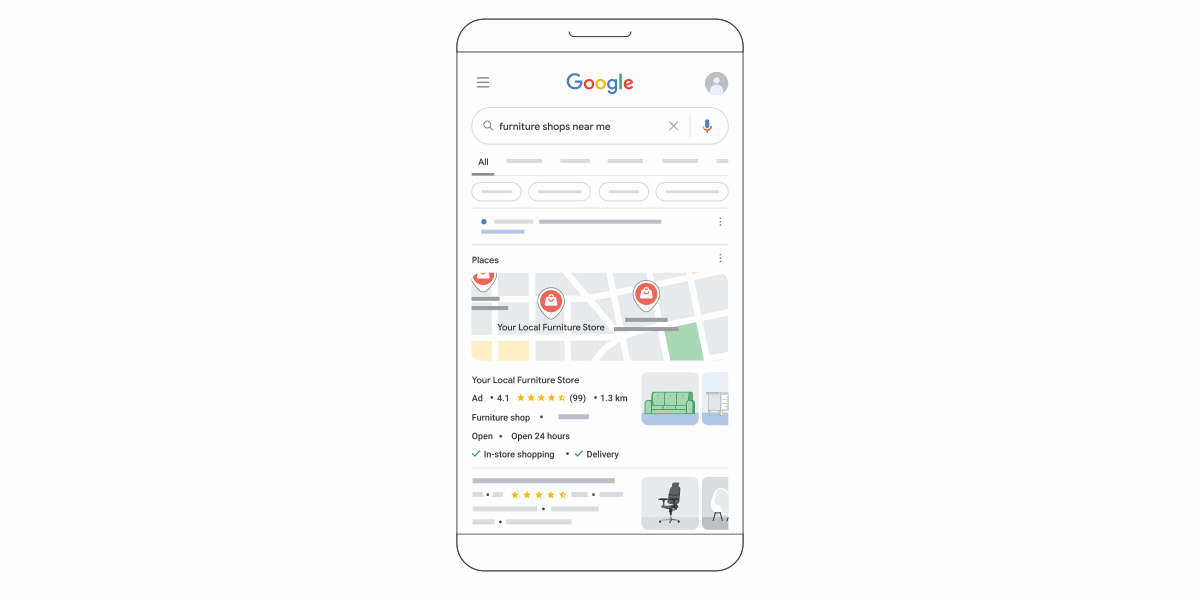 An animation demonstrating how a user tapping on the Call or Directions buttons in Search report as local action conversions in Google Ads.