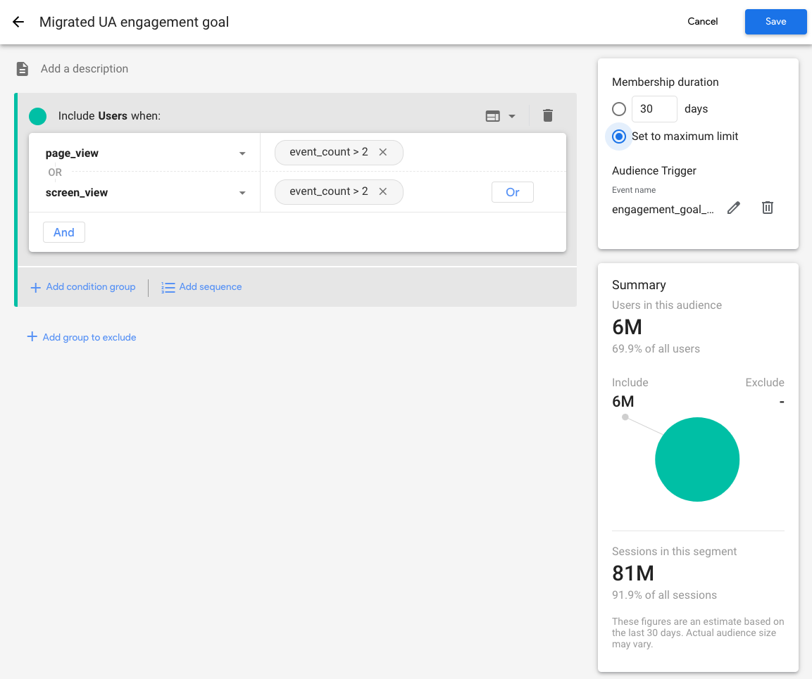 Example of configuring a GA4 event to replicate a UA "engagement goal." 