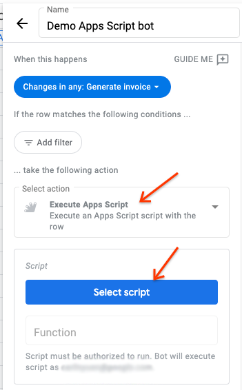 Bot action: Execute Apps Script function - Tables Help Center