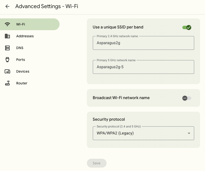 The "Advanced Settings - Wi-Fi" screen within the GFiber portal. There are three tiles shown: Use a unique SSID per band; Broadcast Wi-Fi network name; and Security protocol.