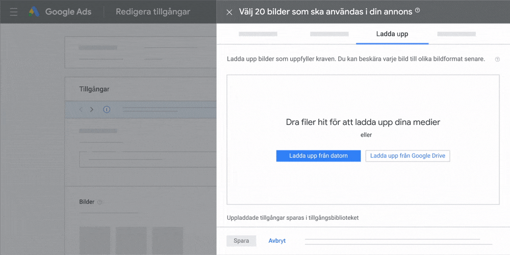 En animation i användargränssnittet som visar hur det går till att ladda upp en tillgång som kräver uppskalning i Google Ads-medieväljaren.