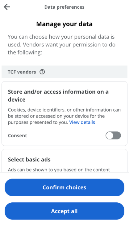 Example of manage options screen.