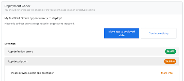 Deployment Check results showing app is ready to deploy, with passed and warning feedback