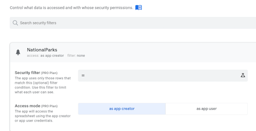 Access mode in NationalParks table on Security > Security Filters page