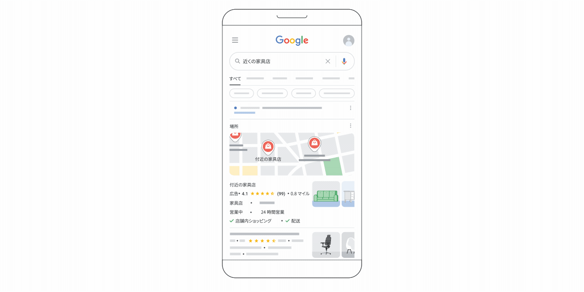 検索結果での [電話] や [経路] ボタンのタップが、Google 広告でローカル アクションのコンバージョンとしてレポートされる様子を示すアニメーション。