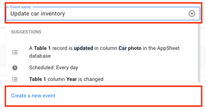 Event configuration with event name set to Update car inventory and Create a new event button highlighted