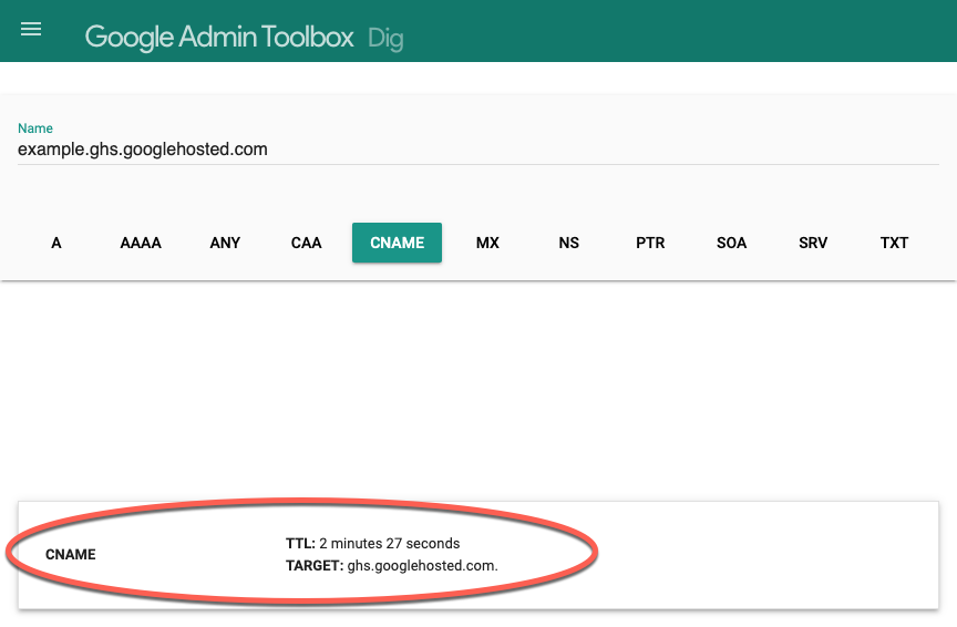 Test results for a domain with no value after the phrase "IN CNAME". Use TXT record instructions