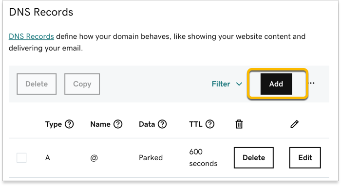 The Add button is highlighted on the DNS records page.