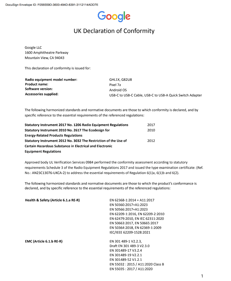 UK Declaration of Conformity page 1