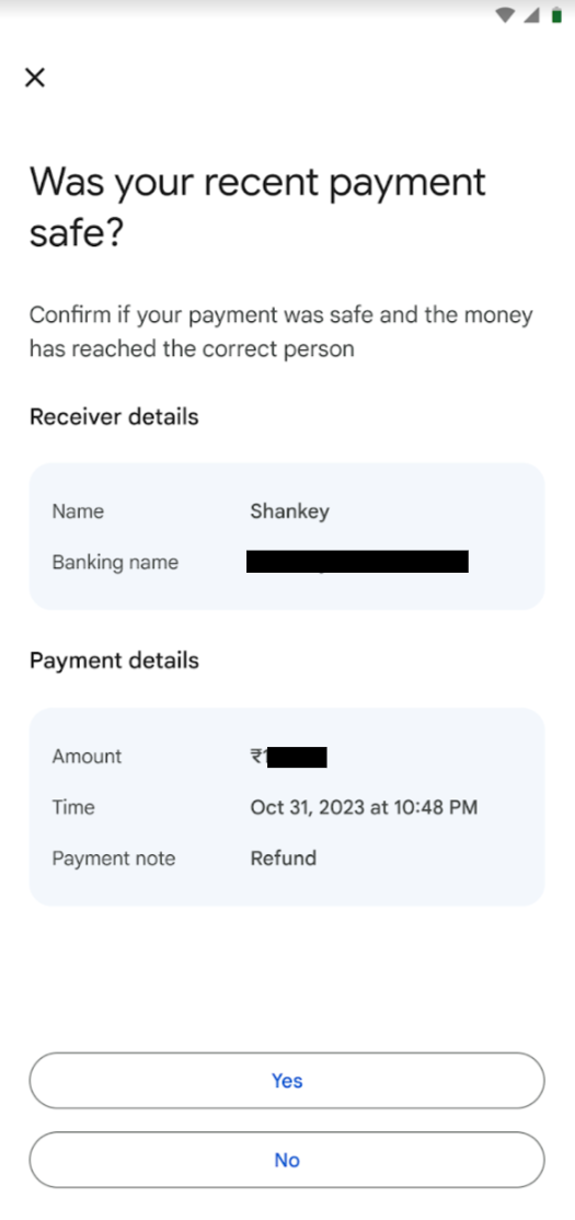 GPay sample of safe recent payment