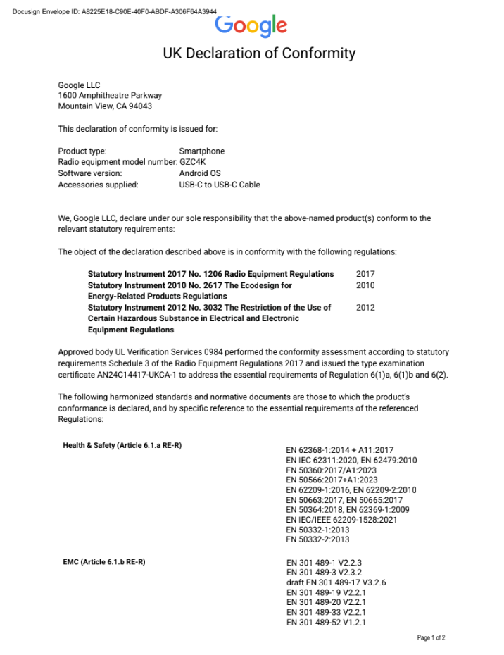 UK Declaration of Conformity page 1