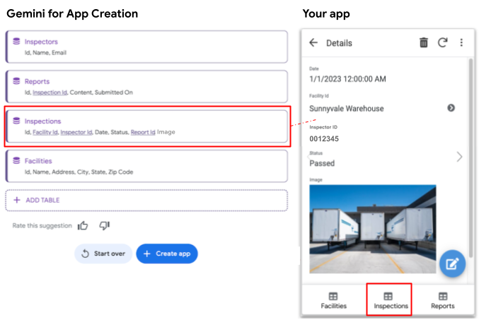 Inspections table generated by Gemini in AppSheet and shown in the app