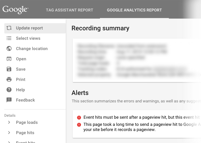 Pagina di riepilogo di Google Tag Assistant Recordings