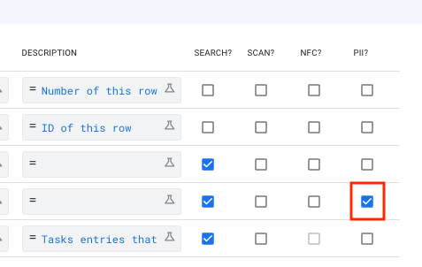 PII setting in table configuration