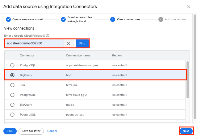 Enter the project ID, select the connection, and click Next