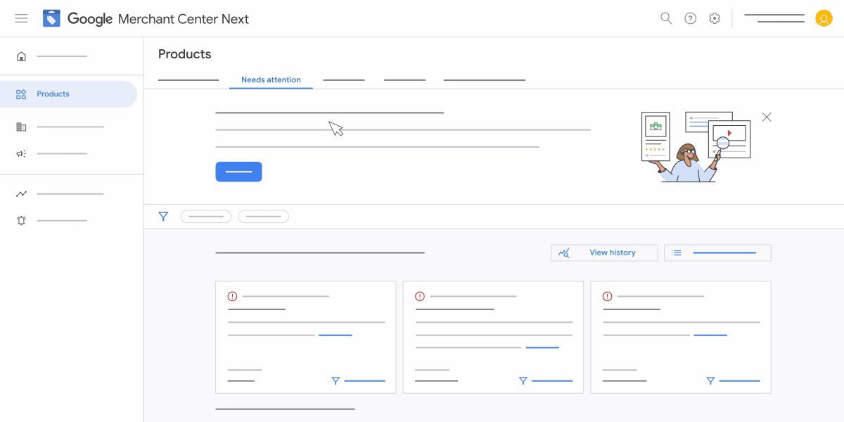This animation shows you how to view your product status history in Google Merchant Center Next.