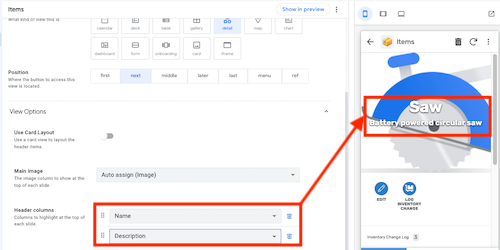 Add header columns to a detail view