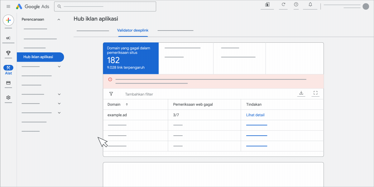 Animasi yang menampilkan domain yang gagal dalam pemeriksaan situs.