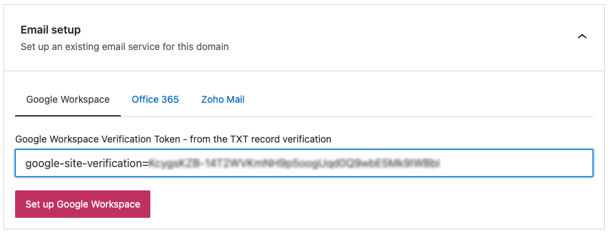 The TXT verification record is entered into the Google Workspace Verification Token field.