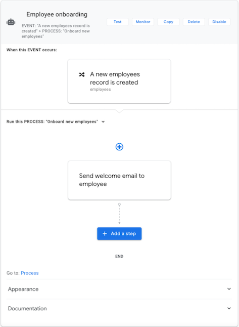 Employee onboarding bot with an event called A new employees record is created that triggers a process with a task Send welcome email to employee