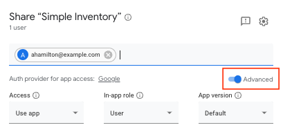 Share app showing the Advanced toggle enabled