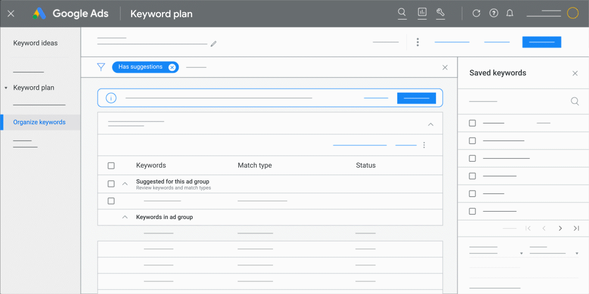 A UI animation that depicts the steps of adding suggested keywords to an ad group using the Organize keywords tool.