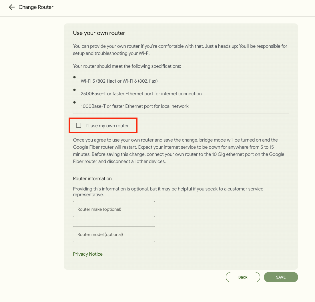 The "Change Router" screen within the GFiber customer portal. The checkbox for "I'll use my own router" is circled in red, and there are Back and Save buttons at the bottom of the screen.