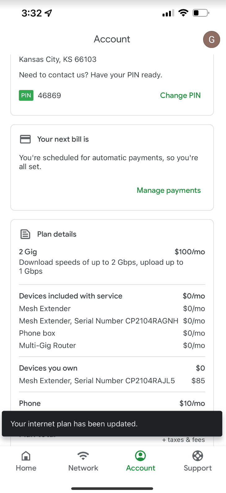 Fiber App plan change successful