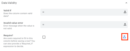 Require? appears in Data Validity section. Click flask to toggle expression box.