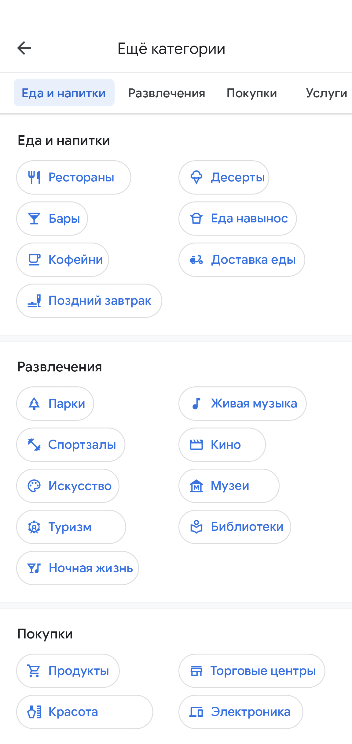 В приложении "Google Карты" показывается страница "Ещё категории". На ней можно выбрать такие категории, как "Еда и напитки", "Развлечения" и "Магазины" и их подкатегории. 