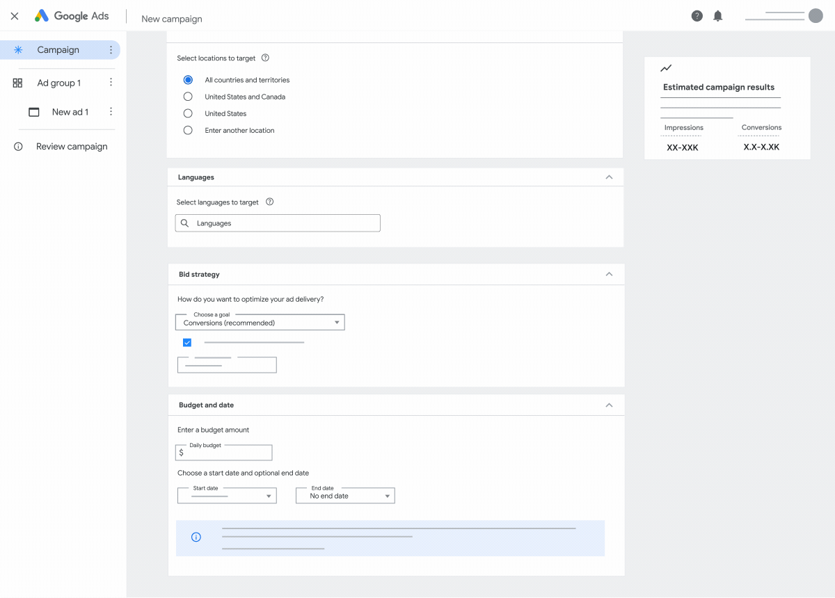 This animation shows the campaign setup options when creating a Demand Gen campaign in Google Ads.