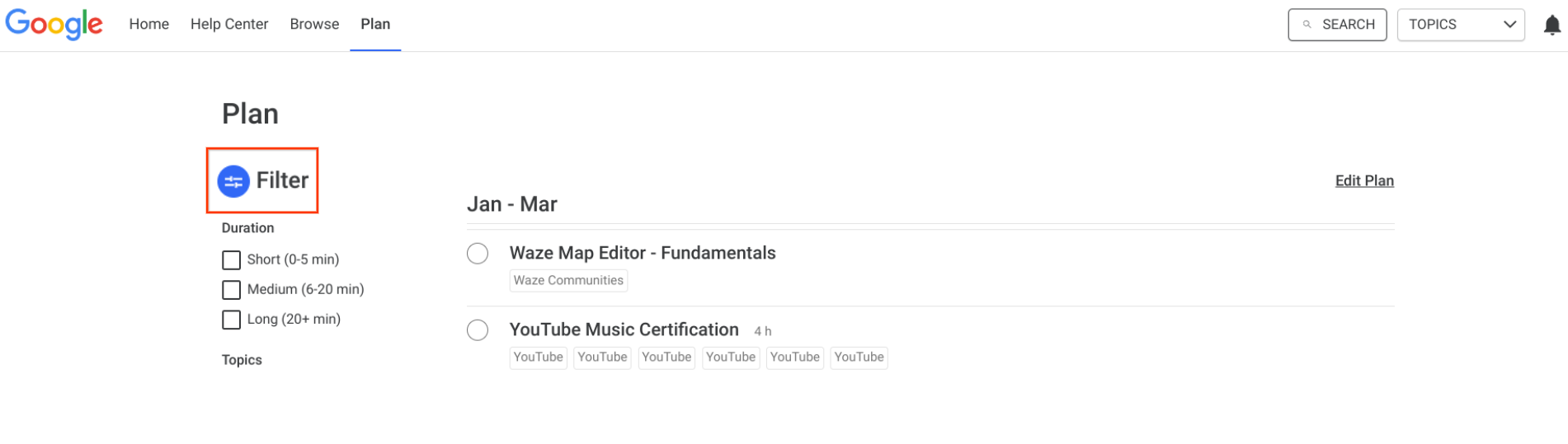 Image is a screenshot of where the user can find Filter. Available filters include Duration and Topics.